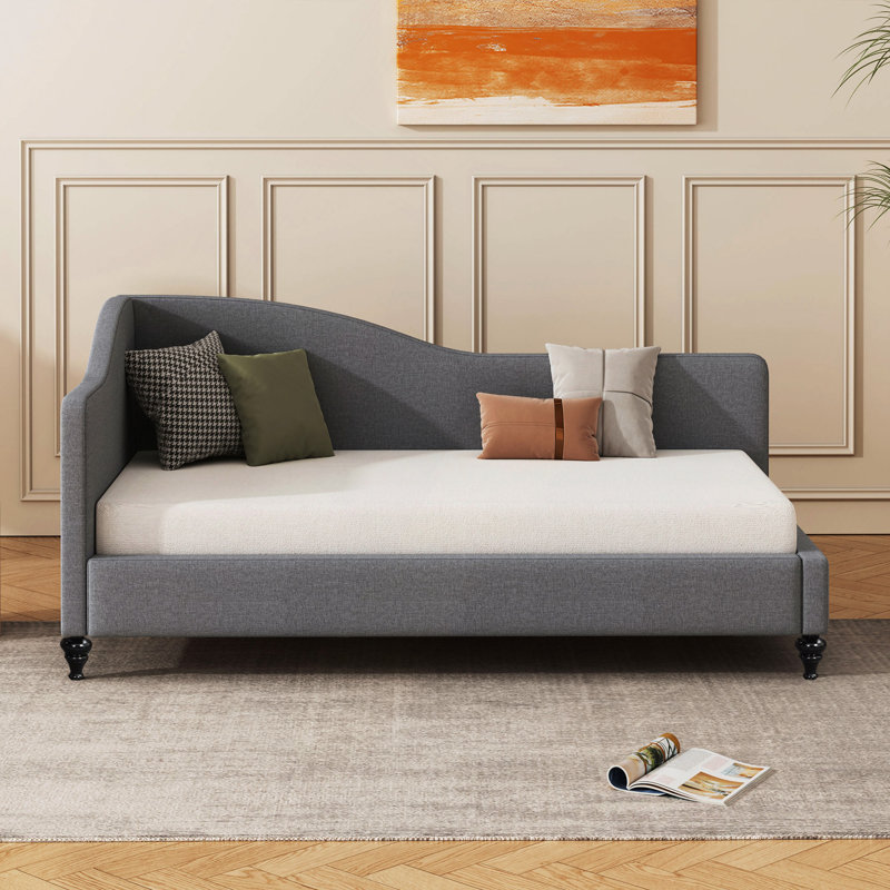 L-Shaped Linen Daybed, With Solid Wood Legs, Gray, Twin