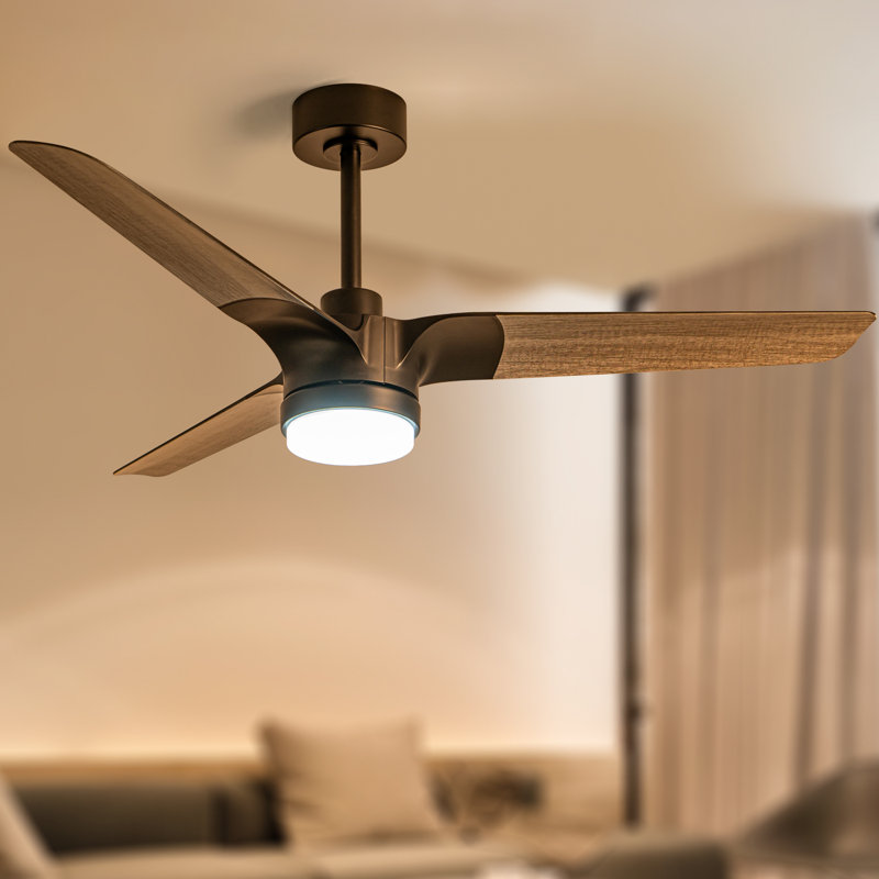 52 in. 3-Blade Wood Ceiling Mounted Low Profile Standard Ceiling Fan with Integrated LED, Black, with Romote Control
