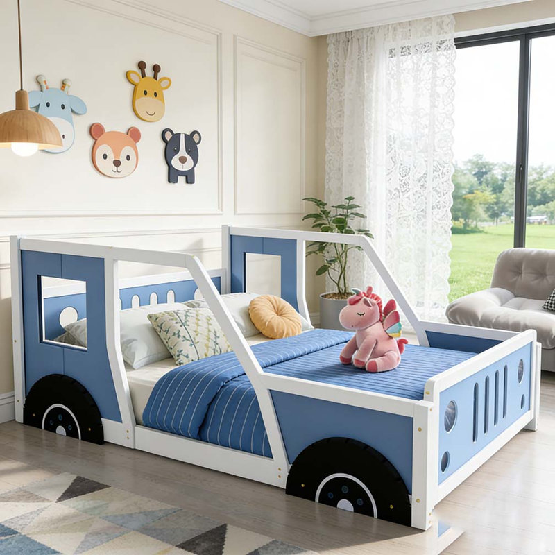 Lit plateforme double classique en forme de voiture avec roues, Bleu