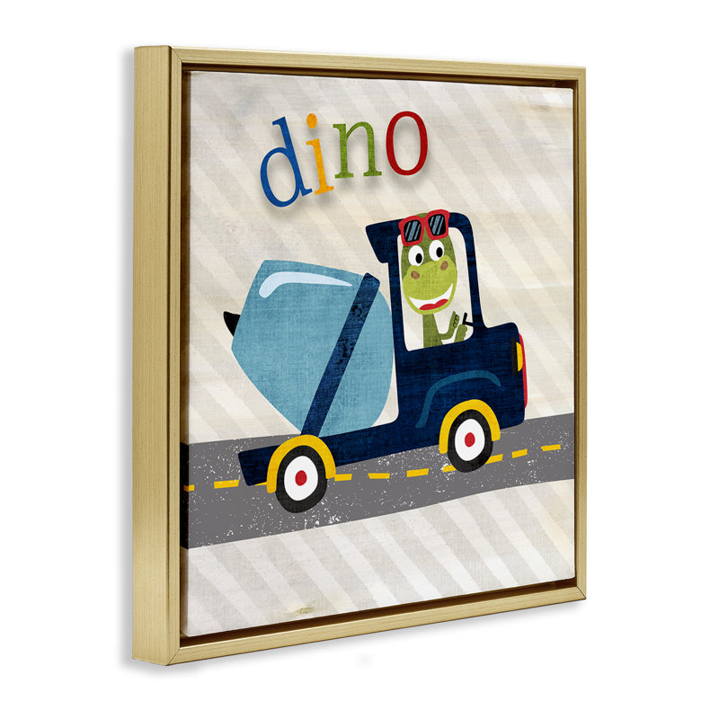 Dino dans un camion de construction, H 25 po x l 25 po, Cadre flottant gris lustré