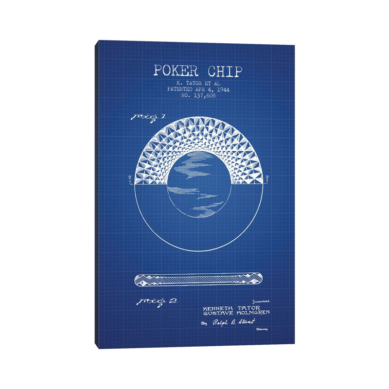 K. Tator Et Al. Poker Chip Patent Sketch (Blue Grid) by Aged Pixel - Wrapped Canvas Print, 20.32 cm H x 30.48 cm W