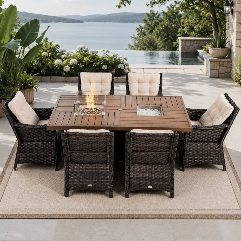 6 - Person Wicker Patio Dining Set With Rectangular Table , Cushions Included
