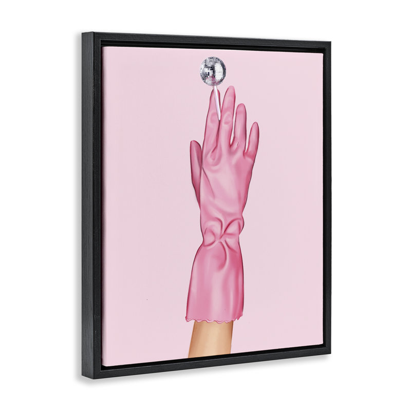 Pink Glove & Disco Ball Floating Frame, design by Ziwei Li, Jet Black Floater Frame, 21" H x 17" W
