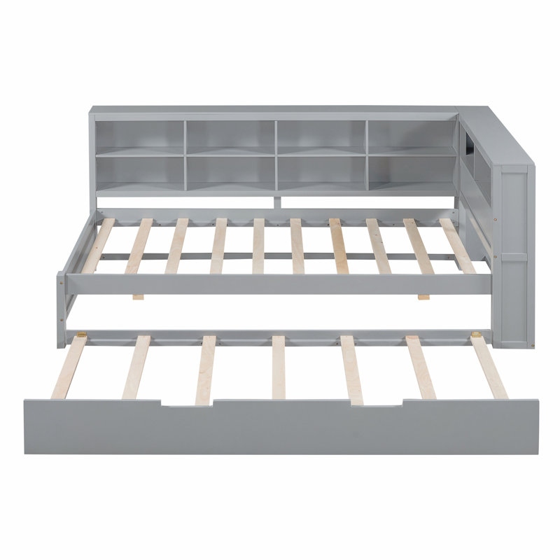 Wooden DayBed with Trundle, Storage Shelf & USB Charging Ports – Solid Pine & MDF, Grey/White, No Box Spring Needed, Gray