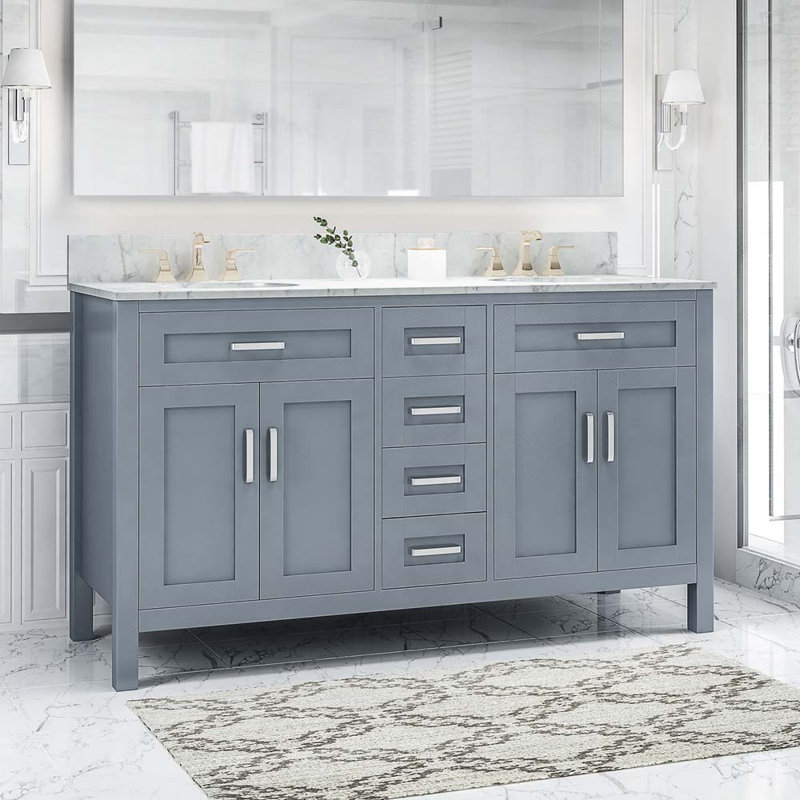 Meuble-lavabo double 61 po avec plateau en marbre Elman, Gris