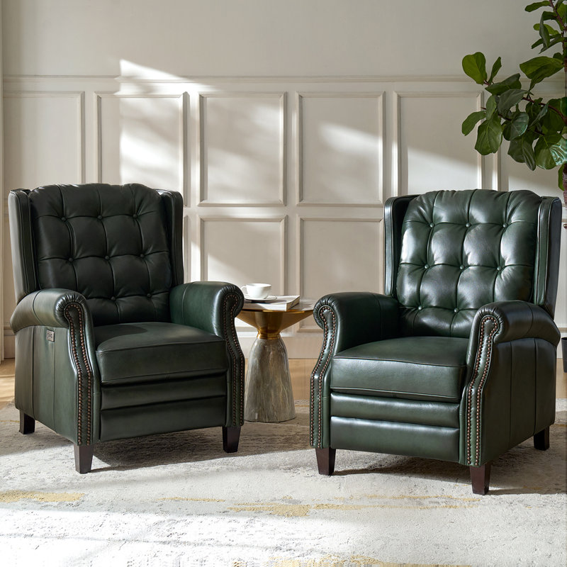 Fauteuil inclinable électrique en cuir ciré l 29,25 po Martina avec pieds en bois massif (ensemble de 2), Vert