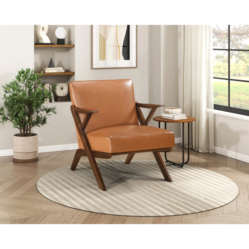 Chaise d'appoint 1 pièce avec cadre en bois d'hévéa brun et revêtement en similicuir brun, Brun, Noyer