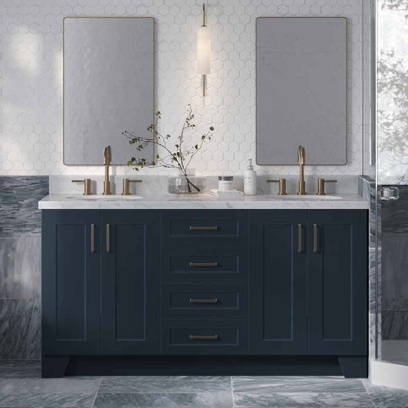 Meuble-lavabo double en bois massif Freitas, Bleu minuit