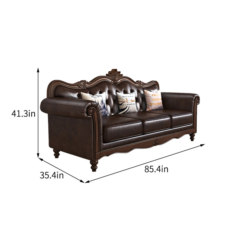 Canapé rétro en cuir de style européen avec accoudoirs roulés 85,4 po