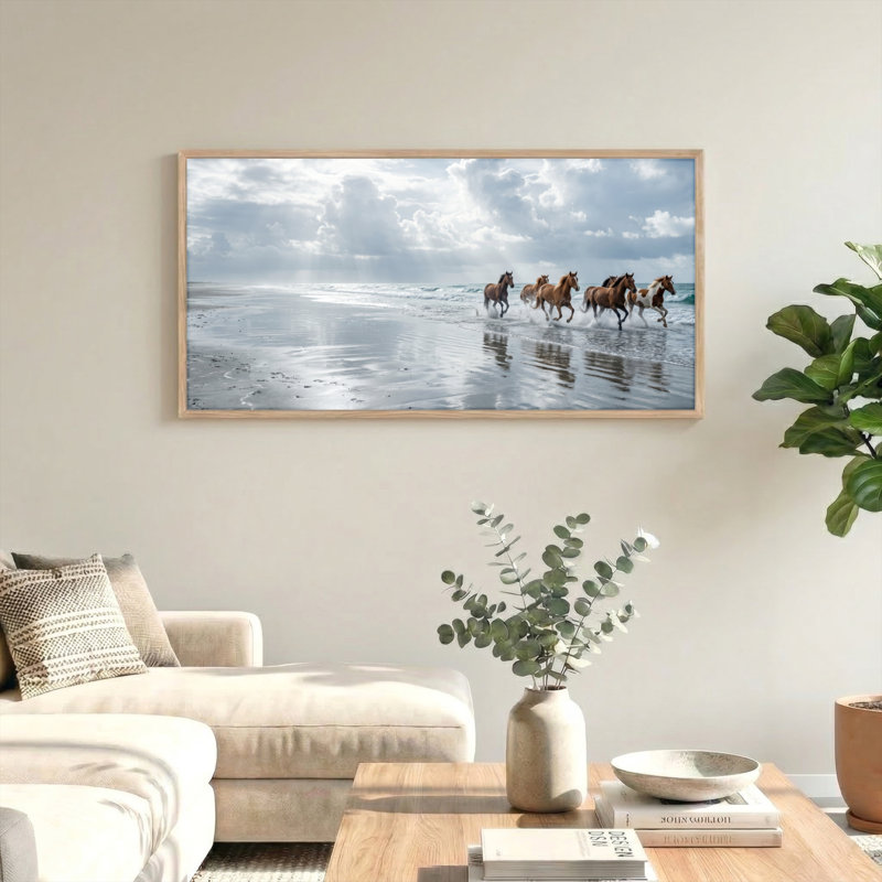 Ensemble de 1 tableau sur toile représentant des chevaux à la plage, L 48 po x H 24 po, Natural