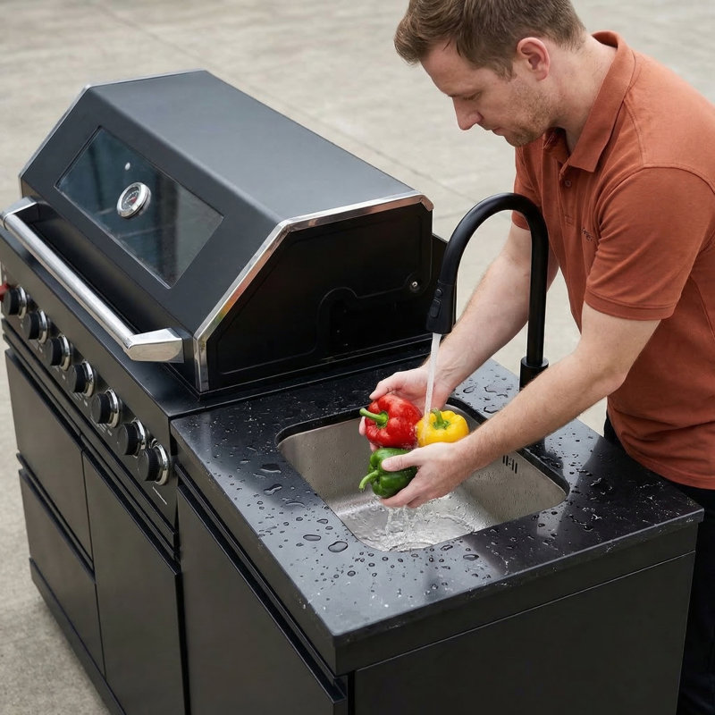 Ensemble de cuisine d'extérieur modulaire de 63 po x P 25 po x H 48 po avec barbecue au gaz à 6 brûleurs, évier et comptoir en granite