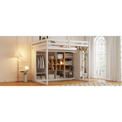 Full Size Wood Loft Bed with Wardrobe, shelves and  Cabinet, White+Yellow