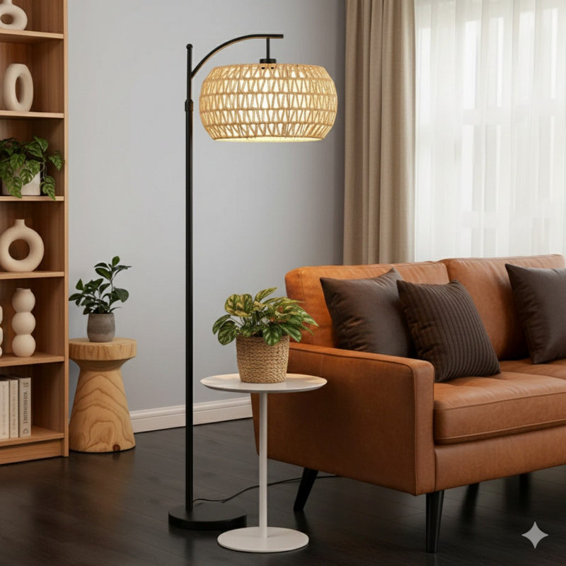 Arc Floor Lamps For Living Room Rattan Boho Floor Lamp With Remote Control,Dimmable LED Floor Lamps Wicker Lamp Shades Black Standing Lamp With 3 Color Temperature Tall Floor Lamp For Bedroom Corner