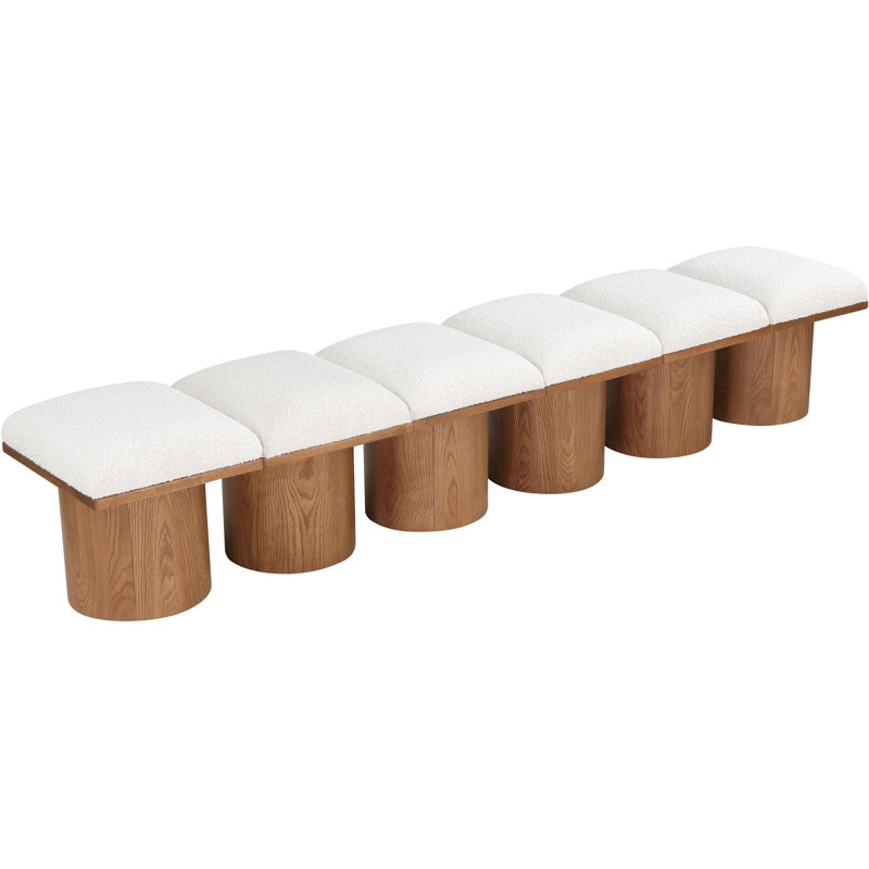 Banc rembourré Horatia, Tissu crème bouclé, Noyer brun, H 17,5 po x l 93 po x P 18 po