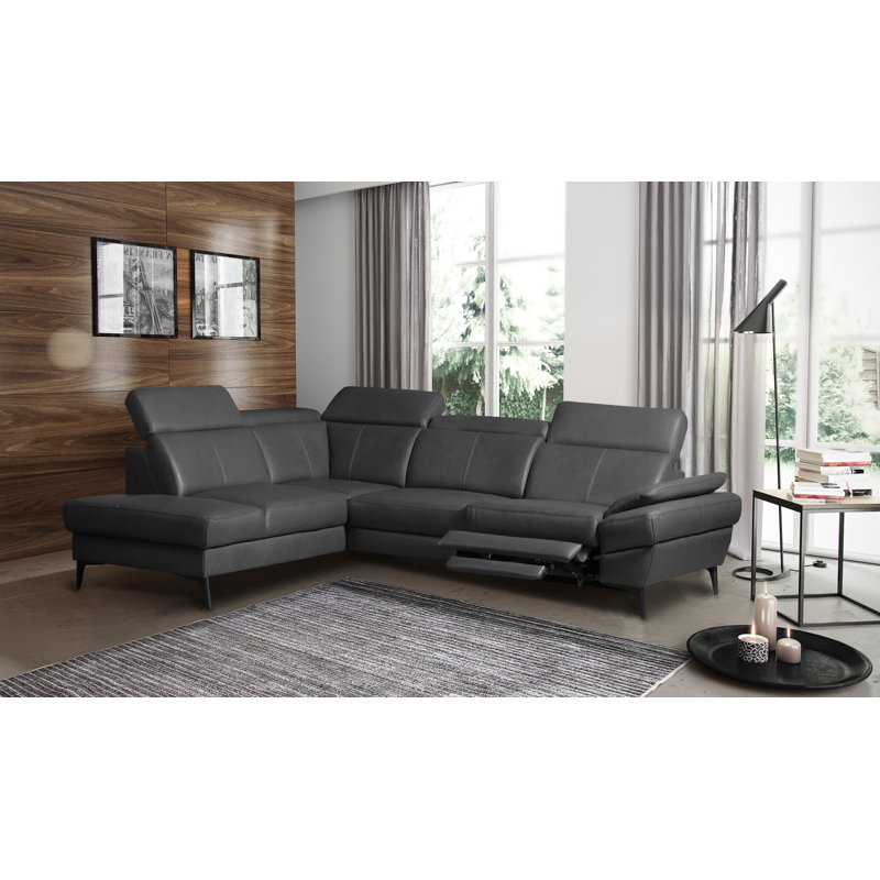 Genuine Leather Reclining Corner Sofa with Adjustable Headrests and Adjustable Armrest and Storage, Left Hand Facing, Grey