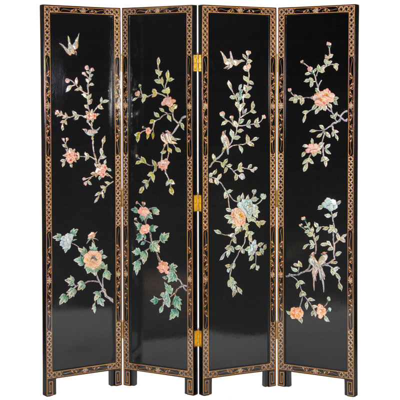 6 Ft. Tall Black Lacquer Room Divider - Birds And Flowers