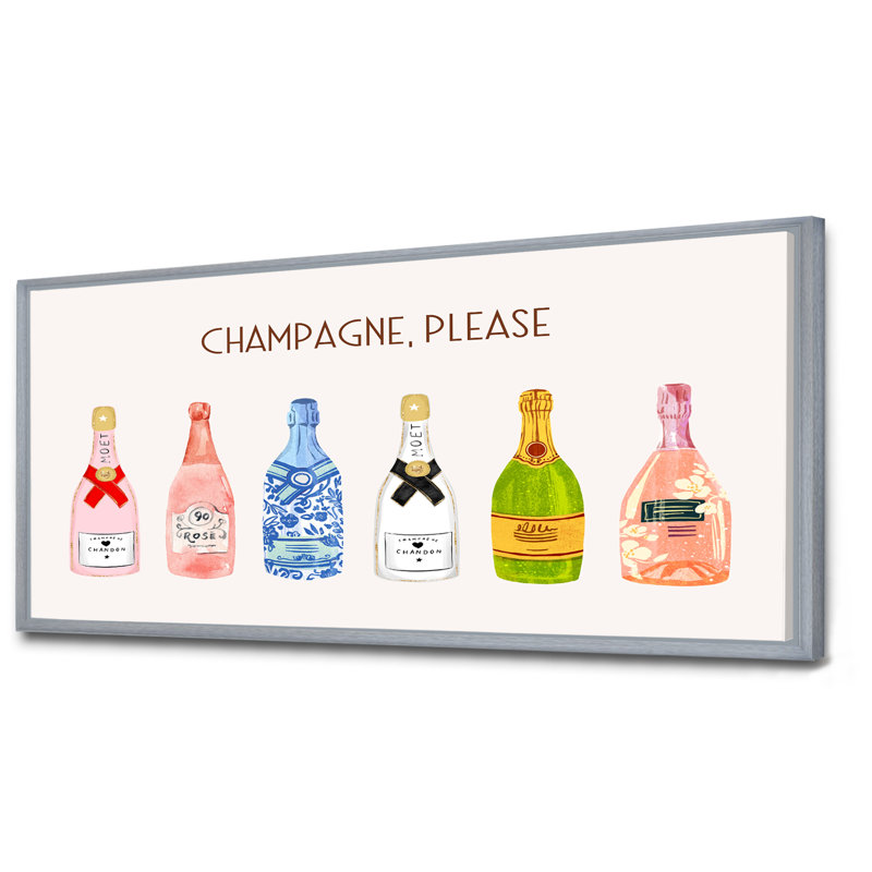 Champagne, veuillez Happy Hour - Champagne, art mural, Cadre flottant argent, H 28 po x l 60 po