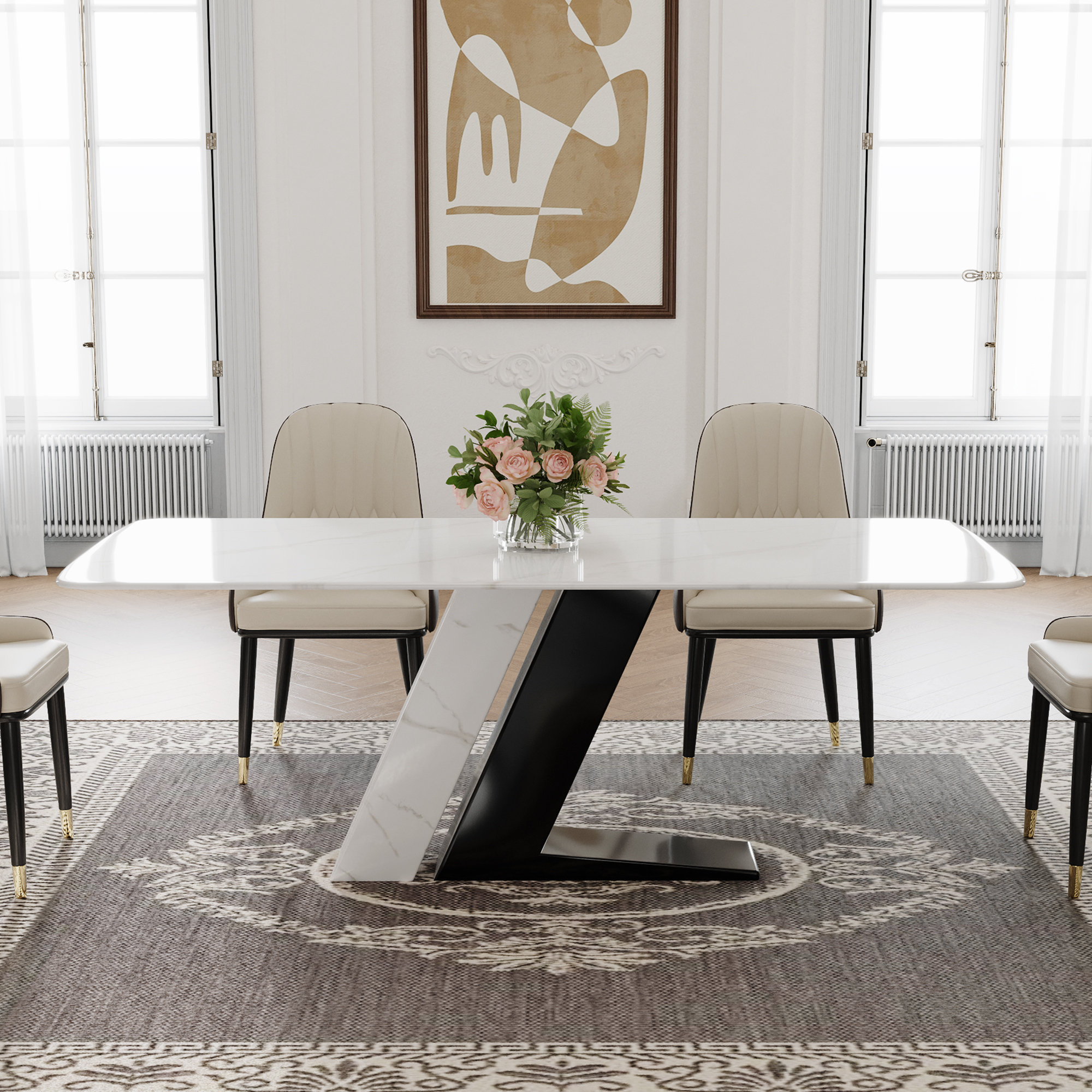 Orren Ellis Modern White Rectangular Sintered Stone Dining Table with Z ...