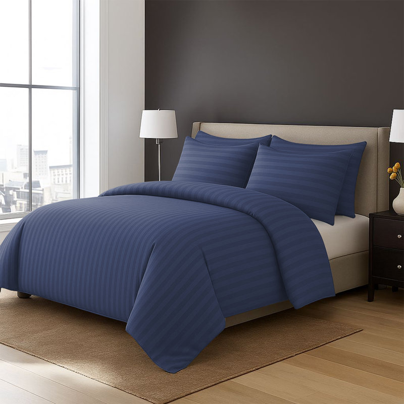 4-Piece Striped High Quality Duvet Cover Set with Fitted Sheet & 2 Pillowcases , Washed Blue
