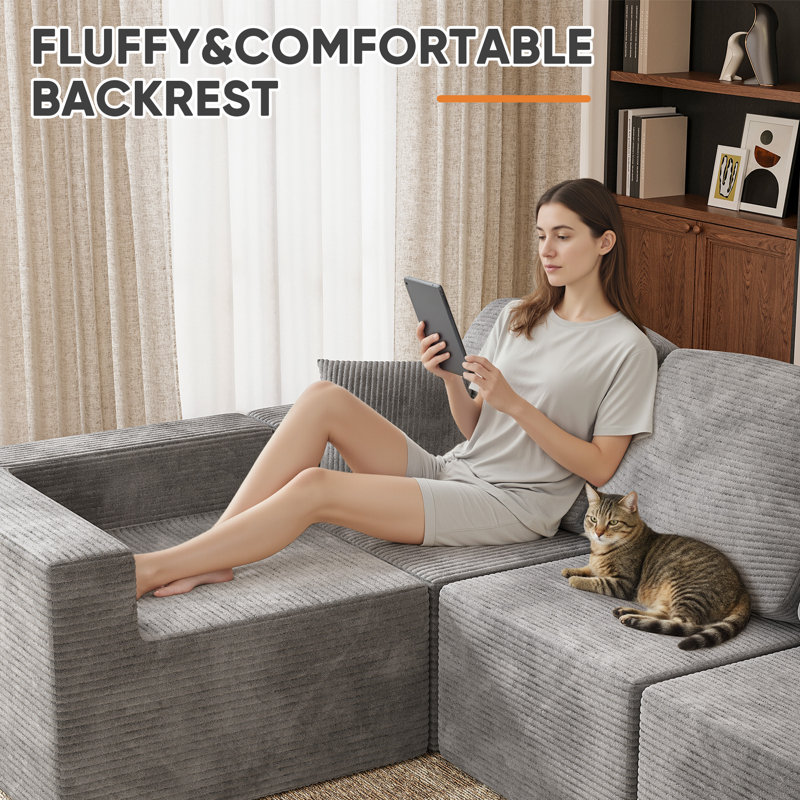 Boneless L-Shaped Modular Sectional Couch, Cloud U-Shaped Sectional Sofa with Wide Armrest, Gray Corduroy