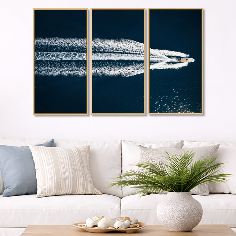 «Speed Boat», ensemble d'art mural sur toile, impression de photographie aérienne de la mer Méditerranée - Vue aérienne du bateau de vitesse en mer Méditerranée