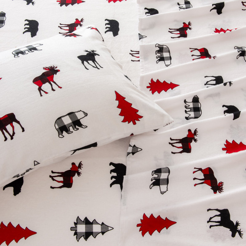 Queen Gray Cotton Flannel Sheet Set with Tree Print