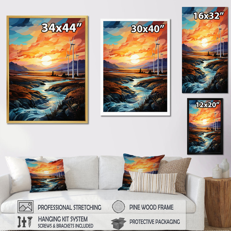 Wind Turbines Sunrise Valley I sur toile, Cadre simple argenté, H 40 po x l 30 po x P 1,5 po