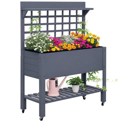 41" Raised Garden Bed Mobile Elevated Wooden Planter Box Stand With Wheels, Trellis And Storage Shelf, Gray