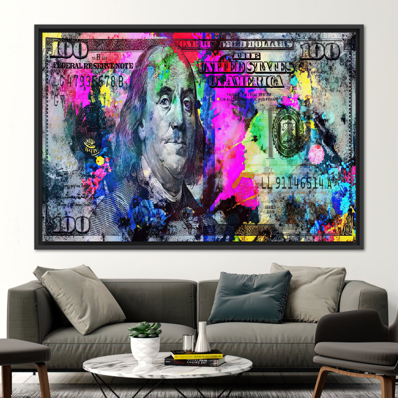 Benjamin Franklin Dollar Art Canvas - Décoration murale sur le thème de l'argent, Noir, H 12 po x l 16 po
