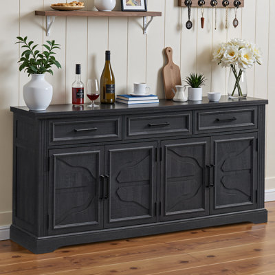  66" Large Farmhouse Sideboard With Adjustable Shelves, 4 Carved Cloud-Inspired Doors And 3 Drawers