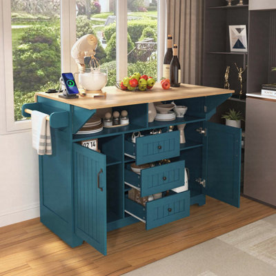 55.7" Large Kitchen Island with 2 Drop Leaf,, Rolling Kitchen Cart on 5 Wheels with Power Outlet, Folding Storage Dining Table with Spice & Towel Rack , 3 Drawers, for Kitchen, Dining Room,Green