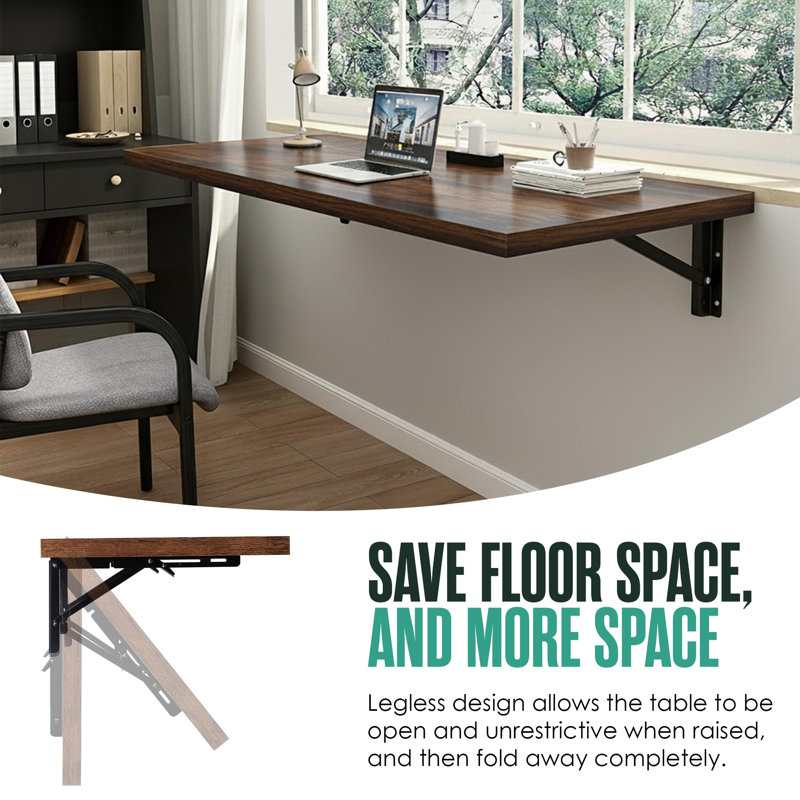 Bureau mural 48 po, table pliante, Brun rustique