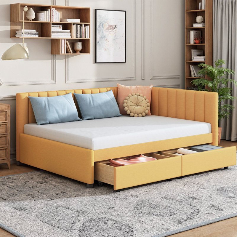 Full Size Sleeper Sofa with 2 Storage Drawers | Linen Upholstered Daybed Frame | No Box Spring Required, Yellow, Yellow