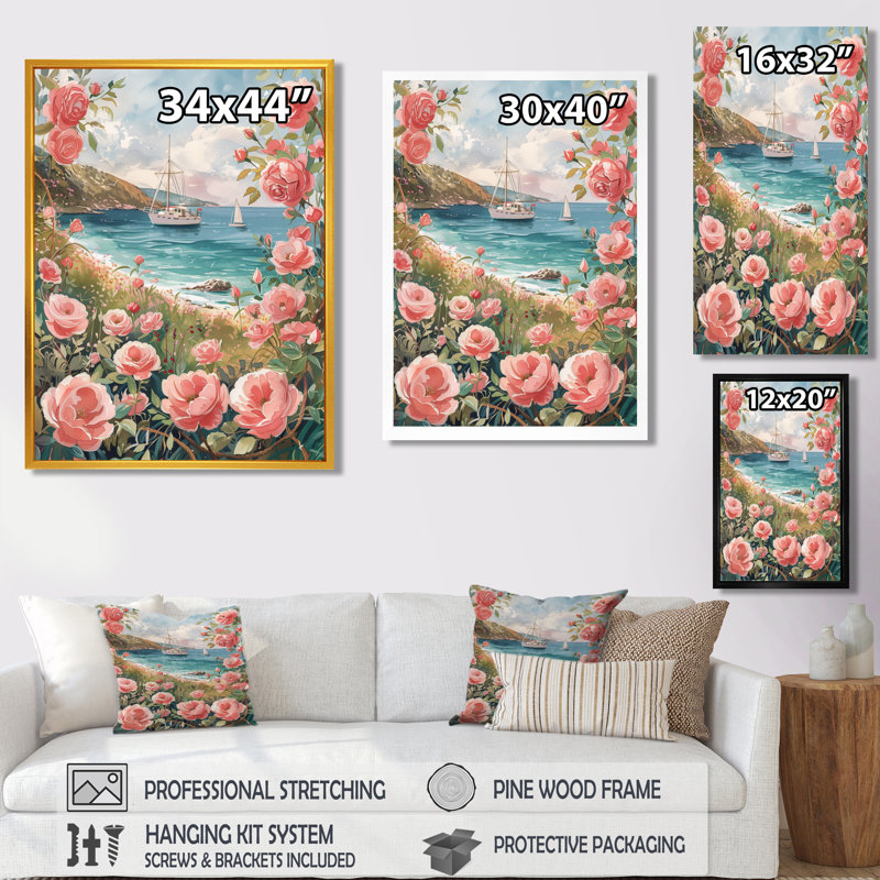  «Pink Rose Garden Coastal Beach - Art mural côtier, Toile tendue, 20" H x 12" W