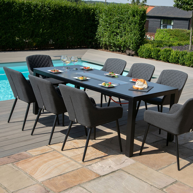 La Rena Outdoor Fabric 8 Seat Rectangular Dining Set - with Fire Pit Table - Lead Chine, Black, Charcoal