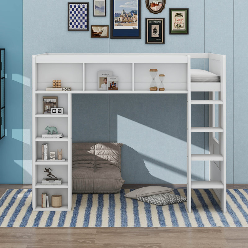 Queen Size Wooden Loft Bed With Storage Cabinets And Shelves, White