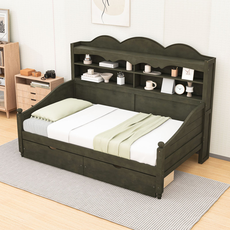 Daybed With Storage Drawers and Shelves, Antique Gray