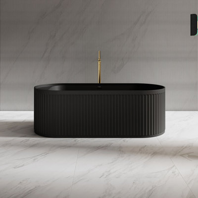MonBlari 67" X 28" Solid Surface Freestanding Matte Black Fluted Soaking Bathtub with Overflow and Pop-up Drain For Bathroom