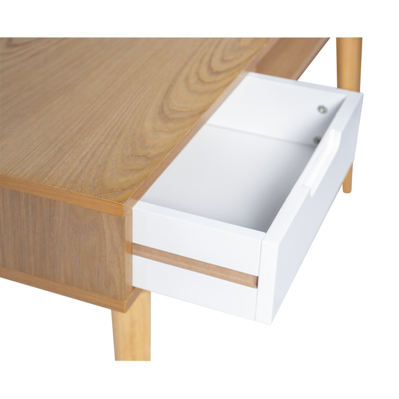 Aaron Two Drawer Mid-Century Modern Open Shelf Wooden Desk, Natural/White
