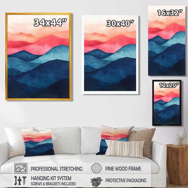 Coucher de soleil bleu et rose, dégradé de collines et de montagnes II - Tableau abstrait encadré, H 40 po x l 30 po