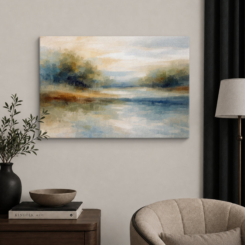 «Soft Blue Green Lake Landscape», art de chambre moderne, impression sur toile encadrée, H 24 po x l 36 po x P 1,5 po