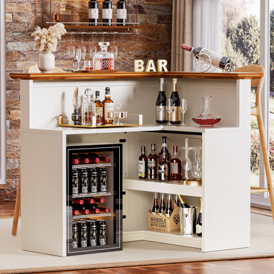 Unité de bar en forme de L, armoire de bar d'angle à 4 niveaux avec grand espace de rangement, bureau de réception d'armoire à vin pour pub à domicile