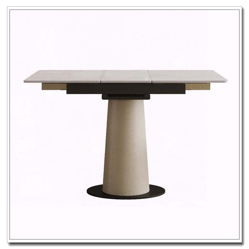 Table de salle à manger rétractable à dalle carrée avec base en cuir, Base plate ronde blanche