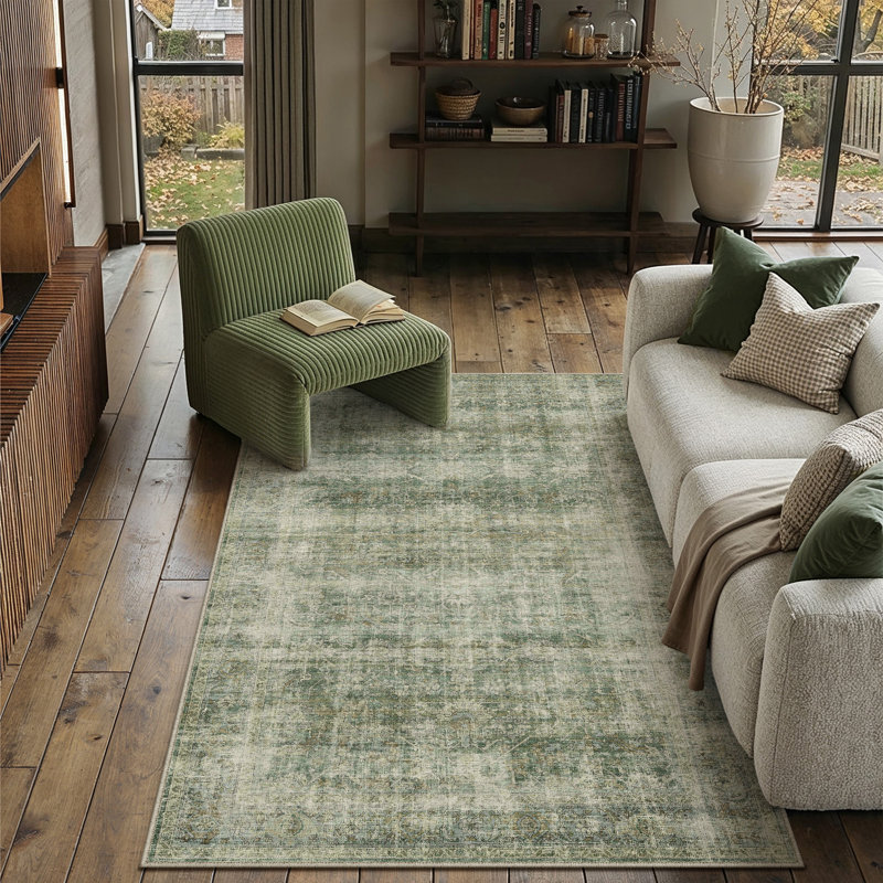 Tapis vert délavé lavable rétro Luis, Vert, Rectangulaire 3 pi x 5 pi