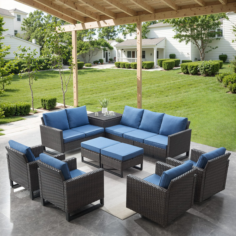 Ensemble de conversation modulaire d'extérieur 9 pièces Ingvald avec osier résistant à l'eau, coffre de rangement et coussins