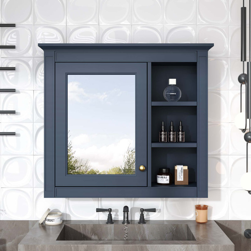 Armoire à pharmacie murale moderne avec miroir et 3 tablettes ouvertes Modern, Marine