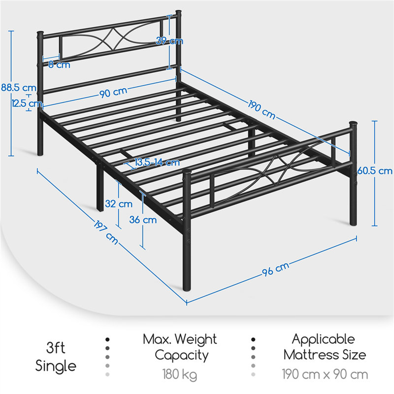 Simple Metal Bed Frame with Curved Design Headboard and Footboard, Black, Single (3')