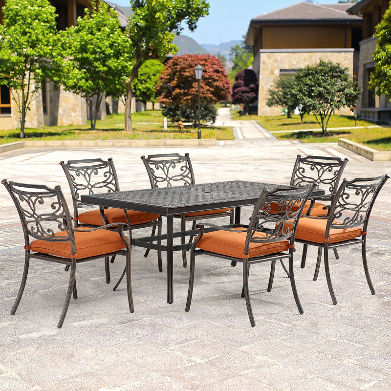 Ensemble de salle à manger 7 pièces en fonte d'aluminium avec table rectangulaire et chaises de salle à manger en forme de fleur