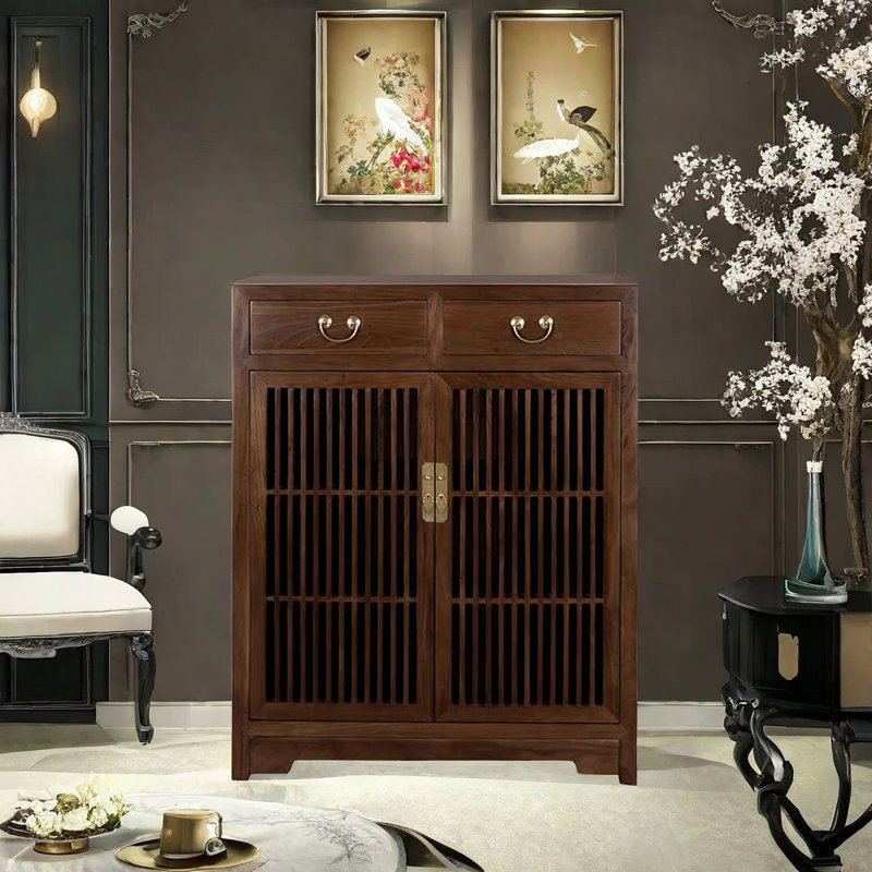Chinese Vintage Shoe Cabinet Side Cabinet 12 Pair Shoe Storage Cabinet, Dark Brown