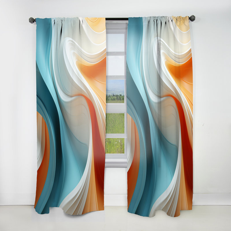 Blue And Orange Fractal Curves In Motion I - Fractal Abstract Room Darkening Curtain - 1 Panels, 52" W x 108" L